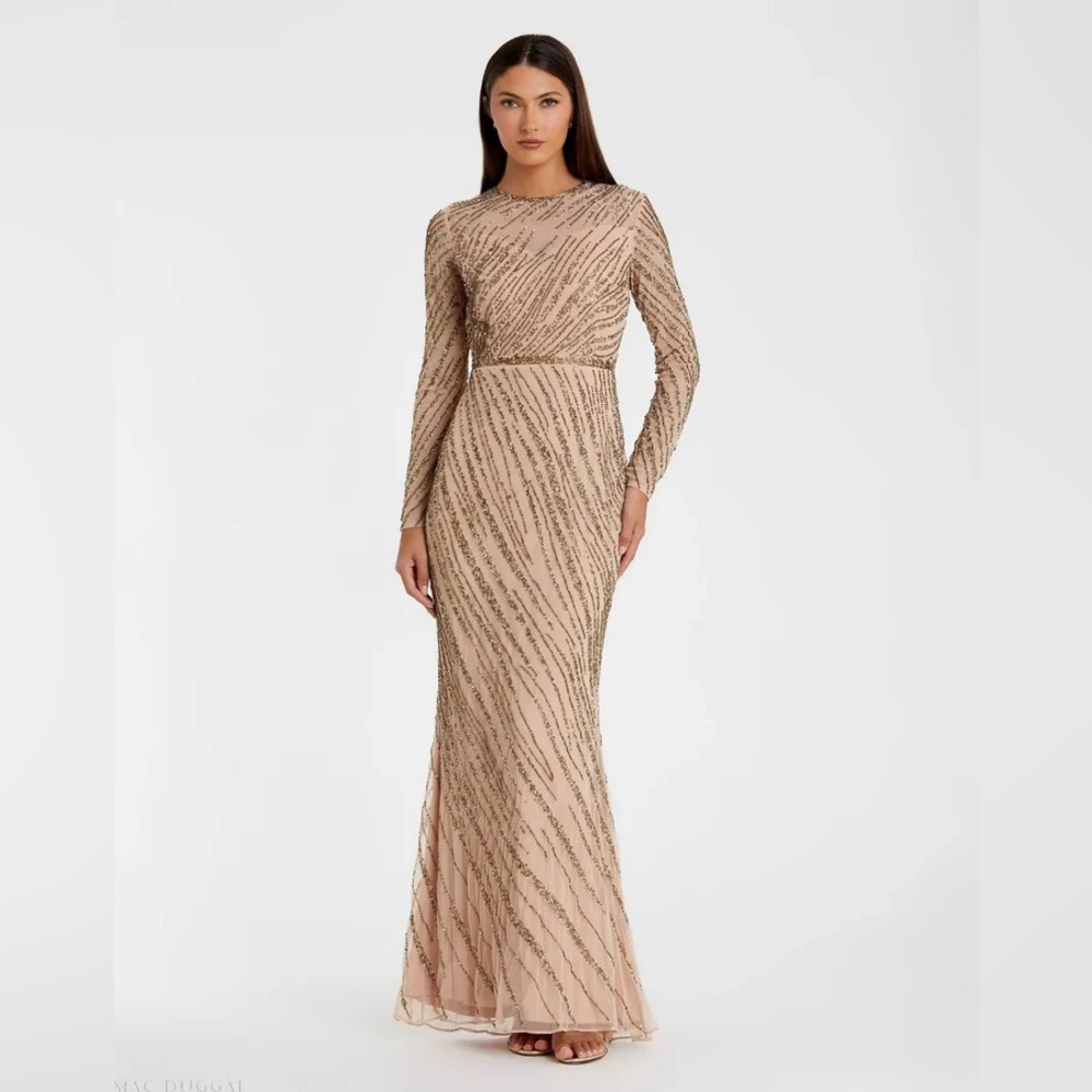 Size 4 Mac Duggal Mocha Long Sleeve Beaded Gown Style #5240 (New with Defects)